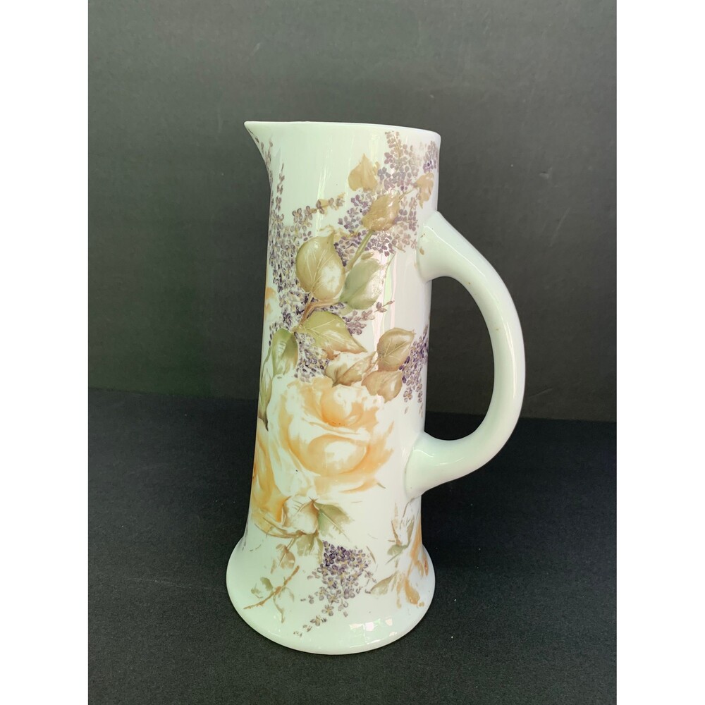 11” Tall Floral Ceramic Pitcher in Earthy Shades Purple Accent Flowers - Vintage